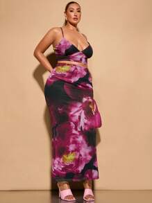 SHEIN BAE 大码女式夏季度假印花吊带背心长裙两件套 - 玫紅色 - 查看 3