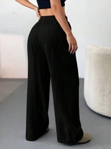 SHEIN EZwear Women's Woven Casual Wide Leg Letter Printed Elastic Waist Palazzo Pants,Ladies Spring/Fall Casual Patched,Pocket Natural Straight Leg Long Black Viscose Loose Women Pants,Casual Daily Wear - Black - View 2