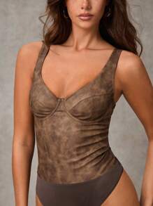 SHEIN BAE Body de mujer versátil de piel PU de color marrón/Body marrón/Body con corset