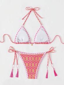 SHEIN Swim 女士复古花卉印花比基尼套装，夏日海滩 - 彩色 - 查看 3