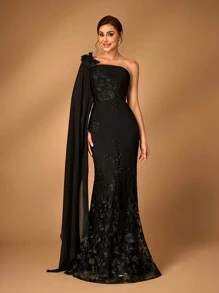 SHEIN Belle 女士优雅奢华黑色雪纺面料拼接亮片网眼刺绣单肩手工 3D 花卉不对称灯笼袖鱼尾礼服适合母亲婚礼嘉宾、音乐节、母亲节 - 黑色 - 查看 7