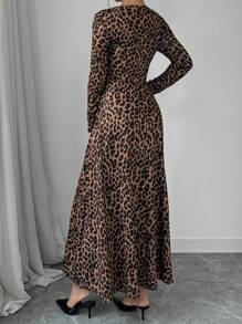 Rafferiza Vestido largo de manga larga con estampado de leopardo para uso diario minimalista de las mujeres, vestido maxi de otoño para outfit de mujer - Marrón - Ver 2