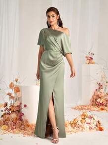 SHEIN Belle Elegant Green Satin Fabric Asymmetric Neck Micro Mermaid Hem Overlap Slits Wedding Event Formal Bridesmaid Dresses - Green - View 6