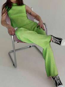 INAWLY Women's Solid Color Casual Sleeveless Tied Blouse & Pants 2-Piece Knitwear Set