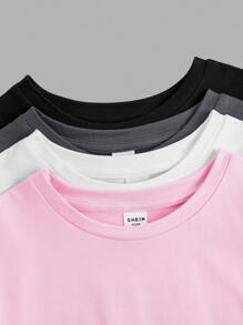 SHEIN Girlism 4pcs Tween Girls Casual Round Neck Solid Color Comfortable Short Sleeve T-Shirts - Grey - View 11