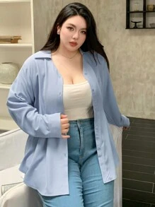 Dazy Plus Plus Size Plain Color Cinched Waist Shirt, Spring/Summer/Autumn