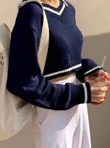 DAZY Women's Color Block Patchwork Cropped Preppy Style Sweater,Long Sleeve Tops Fall - Navy Blue - View 5