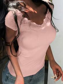 INAWLY 女士夏季撞色蕾丝 V 领短袖修身 T 恤 - 淺粉色 - 查看 3