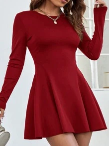 SHEIN VCAY Plus Size Women's Spring And Summer Solid Color Crew Neck Long Sleeve Fitted Elegant Short Dress - Red - View 3