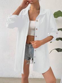 SHEIN Unity Summer Ladies Solid Color Roll-Up Sleeve Open Front Shirt - White - View 5