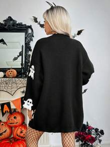 Chiquease Halloween Women's Cute Ghost Pattern Cardigal With V-Neckline Fall Winter Cloth For Women - Black and White - View 2