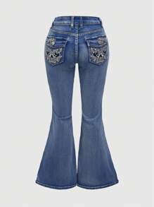 ROMWE Grunge Punk Spring/Summer Women's Plus Size Punk Style Skull Embroidered Fitted Flared Jeans - Blue - View 5