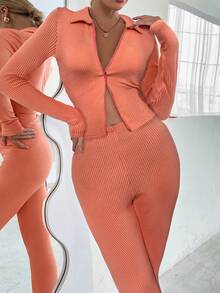 VaVaBold Women's Knitted Orange Casual Two-Piece Set - Orange - View 3