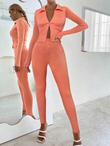 VaVaBold Women's Knitted Orange Casual Two-Piece Set - Orange - View 4