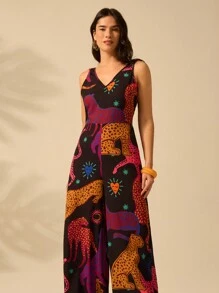 CAJUNI Phụ Nữ Kỳ Nghỉ Cổ Chữ V Nhiệt Đới Colorfal Da Báo Không Tay Đen Thẳng Thường Ngày Mùa Hè Rời Jumpsuit - Nhiều màu - Xem 1