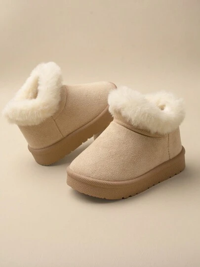 1 par de botas de nieve planas forradas de pelusa color caqui para niñas, cómodas y cálidas para la temporada de invierno