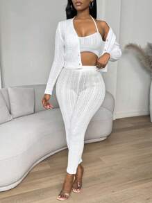 Zolique 3 Cái/bộ Mới Trắng Gợi Cảm Trang Bị Áo Cardigan Áo Tank Top Và Dây Xoắn Quần Nữ Áo Len Dệt Kim Phù Hợp Với - trắng - Xem 5