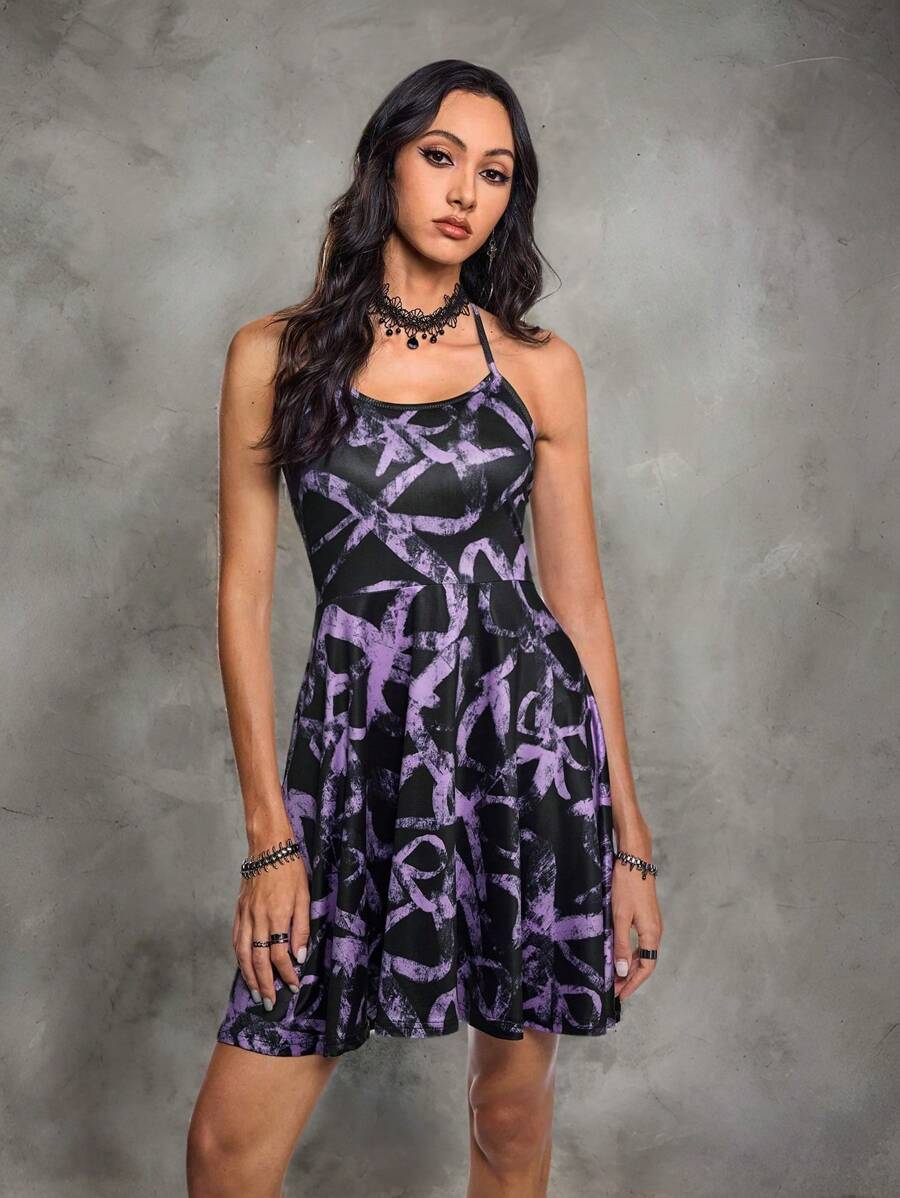 Artemosfera 艺术家深紫色蝴蝶结印花露背连衣裙，秋季女装，适合秋季、节日、派对、度假、除夕装、情人节、节日 - 彩色 - 查看 1