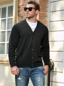 Manfinity Homme Men's Plus Size Solid Color Simple Casual Cardigan, Black Outerwear, Fall/Winter