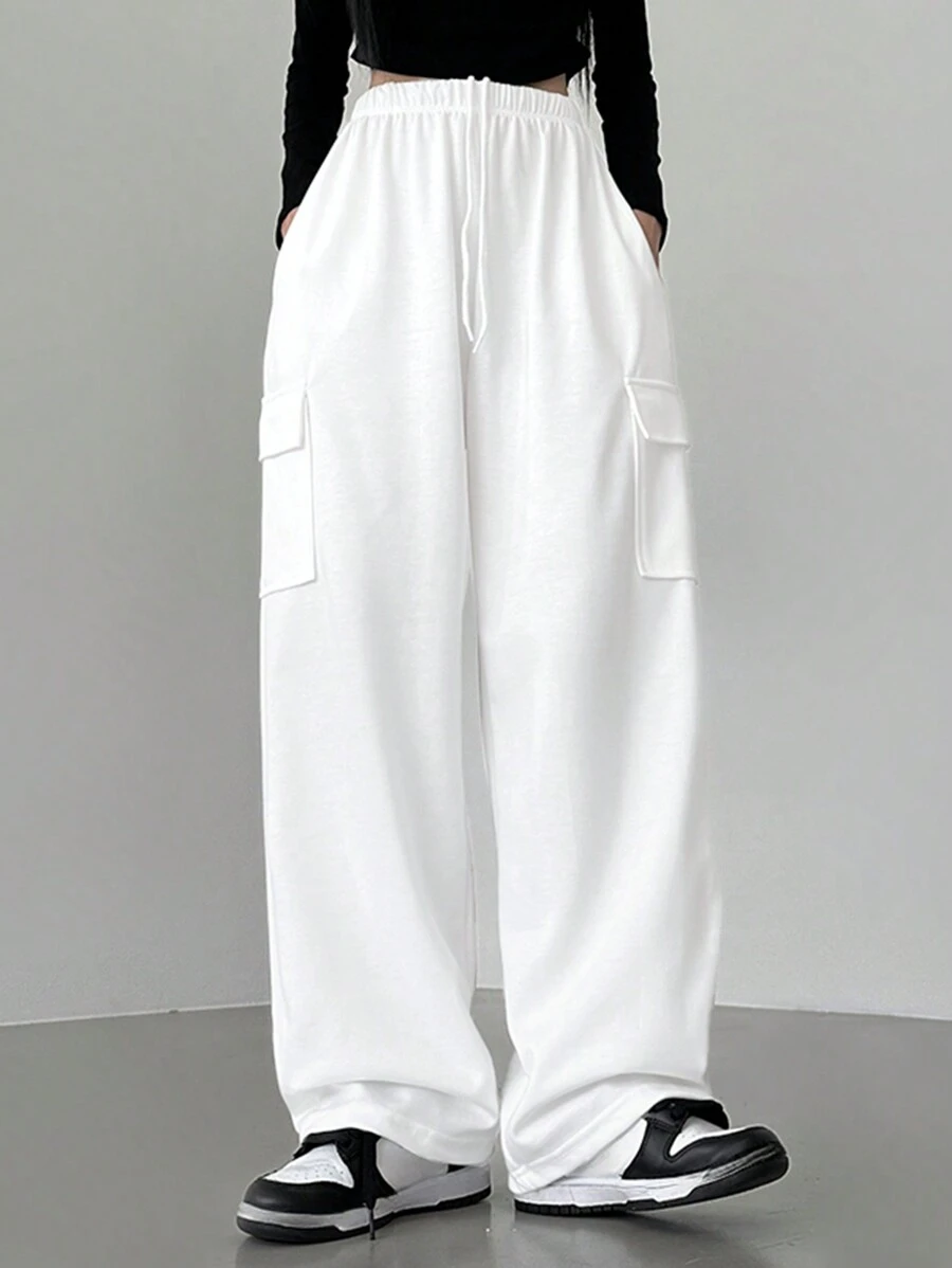 DAZY 纯色抽绳口袋休闲运动裤，返校服运动裤 - 白色 - 查看 1
