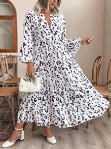 Celure Plus Size V-Neck Patchwork Floral Print Minimalist Casual Dress