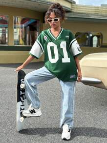 SHEIN Leap Crew Teen Girls' Loose Fit Olive Green Football Jersey Casual Short Sleeve T-Shirt, Back To School - Green - View 2