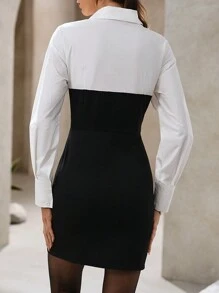Calvaya Nouvelle arrivée automne et hiver 2024, vêtement de loisir et de bureau, robe élégante en blocs de couleurs noir et blanc, col chemise 2 en 1 avec demi-fermeture éclair, manches longues taille (coton confortable)
