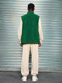 3pcs Men's Vintage Casual Outfits Set: Olive Fleece Vest, Khaki Crew Neck Sweatshirt And Pants, Autumn Winter