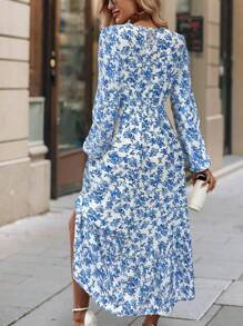 SHEIN Clasi Robe à manches longues col rond avec fleurs éparpillées pour femmes - Bleu et Blanc - Voir 2