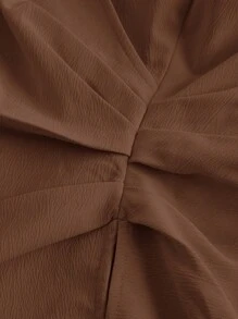 SHEIN MOD Women's Spring & Autumn Solid Color Lantern Sleeve Ruched Waist Split Hem Commuter Blouse,Long Sleeve Tops - Brown - View 4