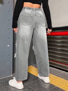 SHEIN ICON 大码女式直筒宽松破洞牛仔长裤带口袋 - 淺灰色 - 查看 2