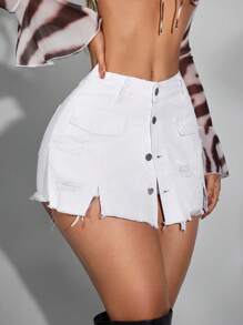 SHEIN SXY Women's Button Waist Band Pocket Design Ripped Casual Denim Shorts - White - View 6