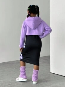 2 件套女童休闲搭配字母印花连帽运动衫和蝴蝶图案 A 字裙，适合日常穿着 - 粉色 - 查看 2