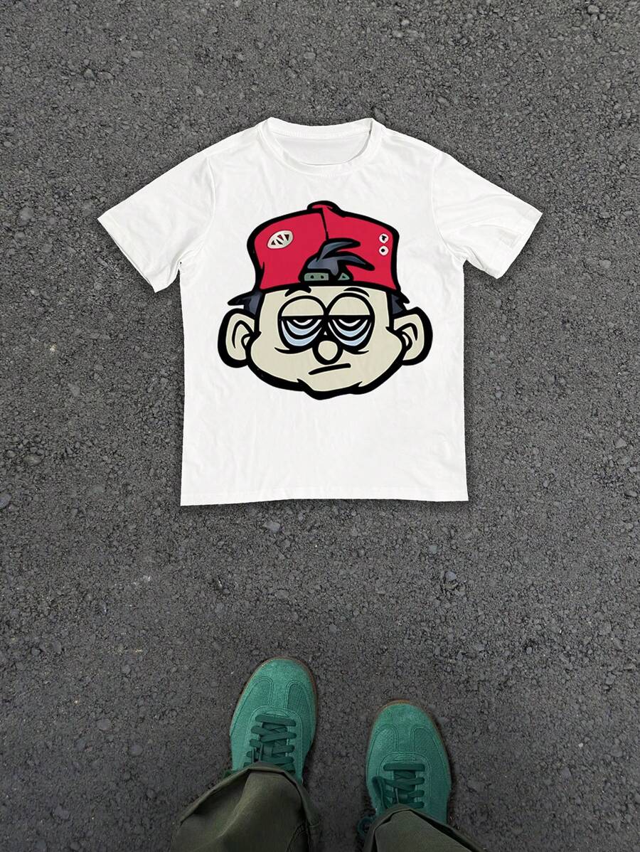 青少年男童朋克风印花圆领短袖上衣，夏季 - 白色 - 查看 1