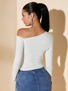 SHEIN BAE 女士纯白色不对称不对称领口修身长袖休闲 T 恤 - 白色 - 查看 2