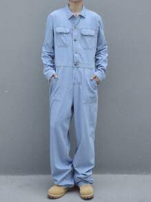 Manfinity Homme Men's Casual Loose Cargo Denim Jumpsuit, Spring Autumn - Blue - View 1