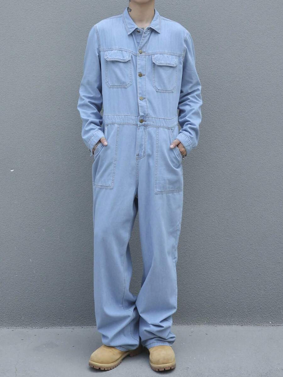 Manfinity Homme Men's Casual Loose Cargo Denim Jumpsuit, Spring Autumn - Blue - View 1