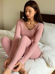 DAZY 交叉领设计修身家居服套装睡衣