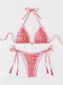 SHEIN Swim 女士复古花卉印花比基尼套装，夏日海滩 - 彩色 - 查看 4