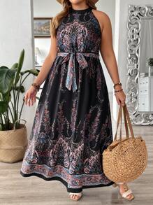 SHEIN VCAY Plus Váy mùa hè có thắt lưng in họa tiết Paisley - màu đen - Xem 3