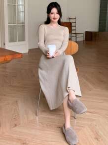 DAZY 女式纯色圆领长袖修身针织毛衣连衣裙，秋冬 - 杏色 - 查看 8