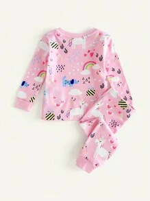Cozy Pixies 2 件装女婴独角兽和彩虹拼色柔软针织圆领长袖上衣和裤子贴身睡衣套装 - 彩色 - 查看 2
