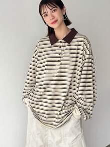 FRIFUL 女士宽松条纹 Polo 领长袖休闲 T 恤，春夏、秋季服装 - 彩色 - 查看 2