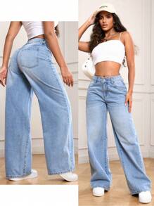 SHEIN PETITE Women Casual Pockets Wide-Leg Loose Fit Denim Jeans - Light Wash - View 2
