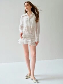 Enchnt Robe longue à manches longues avec boutons devant, application florale et volants, couleur unie pour femme