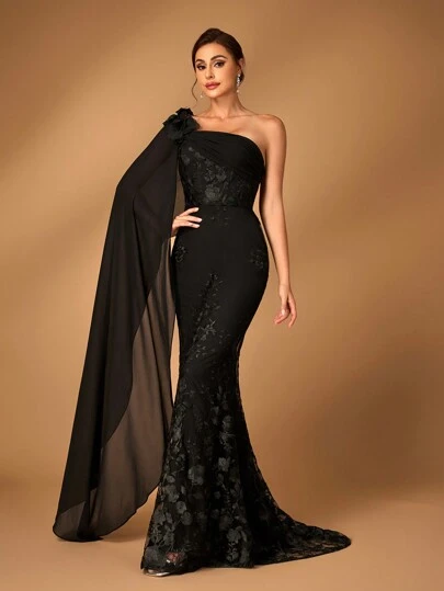 SHEIN Belle 女士优雅奢华黑色雪纺面料拼接亮片网眼刺绣单肩手工 3D 花卉不对称灯笼袖鱼尾礼服适合母亲婚礼嘉宾、音乐节、母亲节