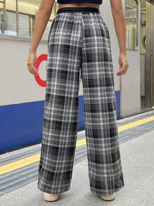 SHEIN Leap Crew 少女休闲宽松格纹阔腿裤，黑白拼接设计，质感舒适