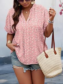 Calvaya Áo Sơ Mi Ngắn Tay Mùa Hè Cổ Chữ V Ngẫu Nhiên Plus Size - Màu Hồng baby - Xem 3