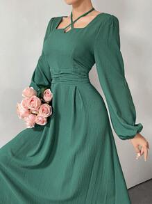 Modelyn 长款优雅纯色喇叭袖连衣裙，春秋 - 青碧色 - 查看 1