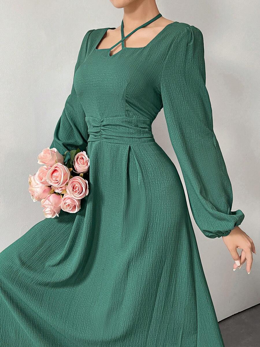 Modelyn 长款优雅纯色喇叭袖连衣裙，春秋 - 青碧色 - 查看 1